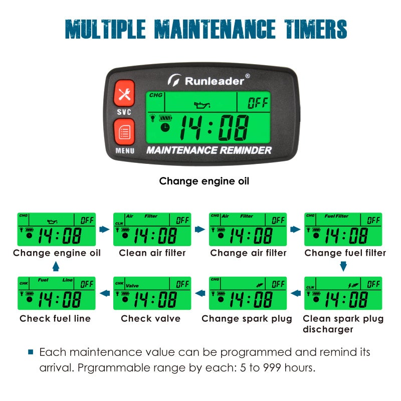 Runleader Digital Maintenance Tach Hour Meter Gauge,RPM Alert,Backlight Display,Battery Replaceable,Used for Small Gas Engine, Works on Garden Tractor Motorcycle Generator Snowmobile Chainsaw Marine. - Image 3